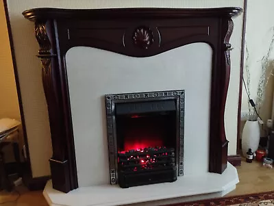 Mahogany Fire Surround Real Marble Heath & Inset Complete With Electric Fire • £100