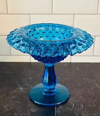 VINTAGE Aqua Blue Fenton Hobnail Glass Ruffled Edge Compote Candy Dish - Rare • $28.01