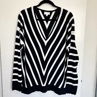 WITCHERY Womens Top Black White Striped Long Sleeve Aus 16 Stretch Shirt V Neck • $19.35