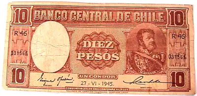 1945 Chile 10 Pesos VF Orig Currency Banknote South American  Paper Money P-103 • $9.50