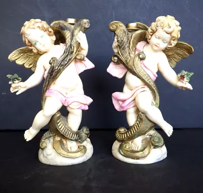 Vintage Fontanini Italy Cherub Winged Angel Miniature Candle Holders Set Of 2 • $34.99