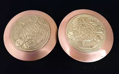 Vintage Copper & Gold Tone Mayan Calendar Post Earrings SZ 2  & 14 Gms E127 • $8