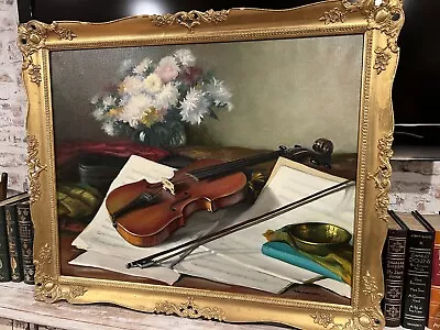 Vintage Original Oil Painting Still Life Violin Canvas Signed Framed • $25