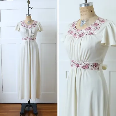 Vintage 1970s Prairie Maxi Dress Gunne Style Hippie Boho Ivory & Pink Small • $36