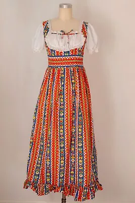 Vintage 1960s 70s Cotton Milkmaid Maxi Dress Floral Red Yellow Blue 28 In Waist • $80