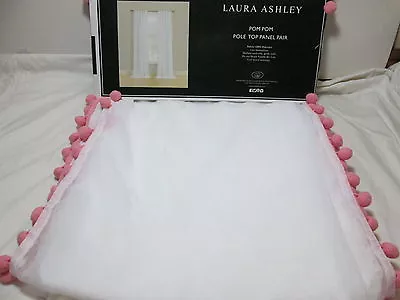 New Laura Ashley Pink Pom Pom Pole Top Sheer Panel Pair Two 40 X84 ~  White NIP • £43.37