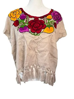 Handmade Embroidered Mexican Blouse Zinacantan Hippie Floral Fringe 70s Boho • $25