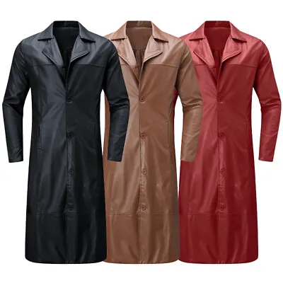 Retro Men Faux Leather Trench Coat Long Coat Full Length Overcoat Winter Jacket • £14.99