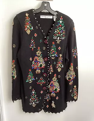 Michael Simon Christmas Tree Cardigan Sweater Beaded Sequin VTG Size M • $175