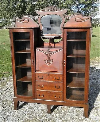 Antique Tiger Oak Double Side By Side Secretary Bookcase Curved Glass 1900s • $1800