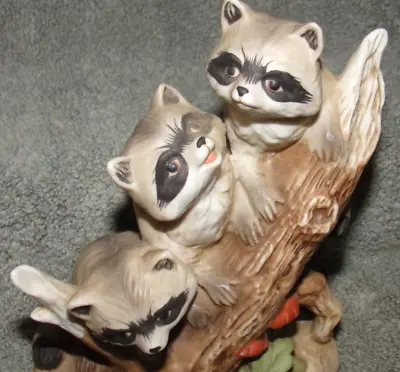 Masterpiece Homco 3 Raccoon In Tree Log Ceramic Statue Figurine - 1970's • $7.99