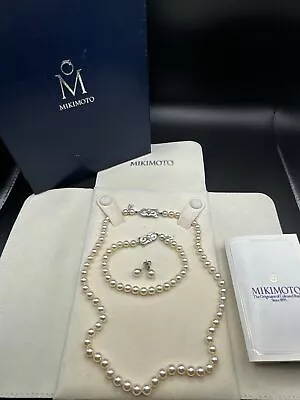 18K WG MIKIMOTO Akoya Cultured Pearl Three Piece Set W/ Tags & Orig. Box A / A1 • $1425