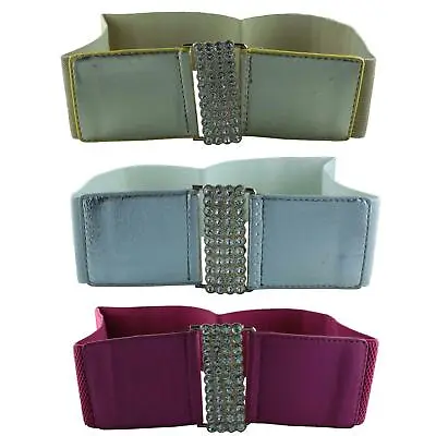 £5.99 • Buy New Ladies Diamonte Stone Interlock Buckle Wide Elastic Waist Belts One Size