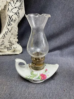 Vintage Oil Lamp Moss Rose Mini Genie Ceramic Porcelain Oil Kerosene Lamp • $9.99