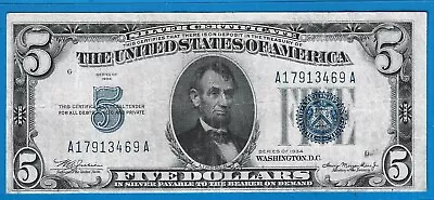 1934 $5 Silver Certificate NoteBlue SealCirc Very FineNice! • $7.50