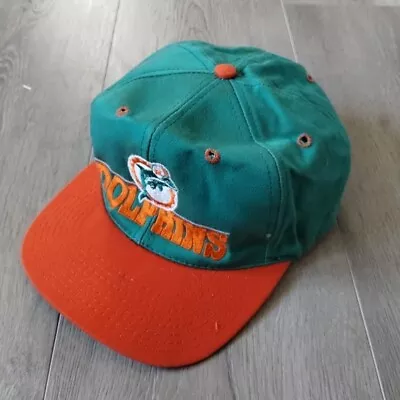 VINTAGE Miami Dolphins Hat Snapback Cap Orange Blue The Game USA Made Spell Out • $27.99