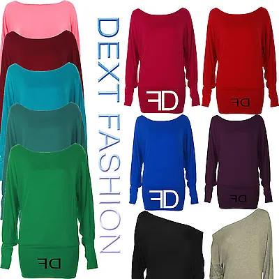 New Ladies Batwing Top Long Sleeves Off Shoulder Baggy Slouch Women Plus Size • £7.90