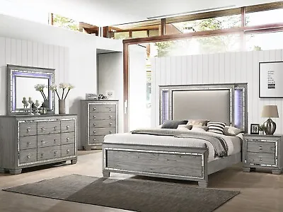 NEW 5pcs Light Gray Oak Finish Bedroom Set W/ Queen Panel LED Lighted Bed IABB • $1785.71