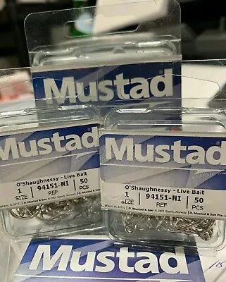 Mustad 94151-NI-1-100pack Classic O'Shaughnessy 3X Live Bait Hook Silver-Size 1 • $11.49