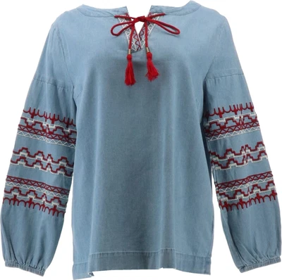£0.01 • Buy BROOKE SHIELDS Timeless Denim Peasant Top Embroidery Light Wash M # A354264