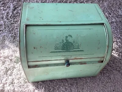 $32.99 • Buy Vintage Tin Metal Rolltop Breadbox Green Parasol Lady W/ Wood Knob