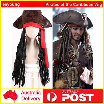 Pirates Of The Caribbean Captain Jack Sparrow Cosplay Brown Wig Hat Beard Prop • $31.34