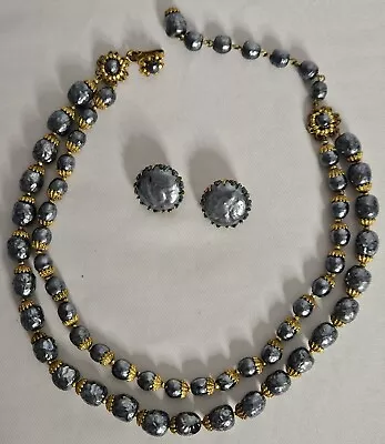 Gorgeous Vintage Miriam HASKELL Grey Beaded Necklace & Earrings Jewelry Set Lot • $15.50