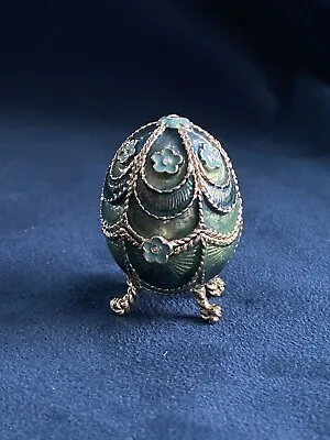 Vintage Monet Blue Green Enameled Footed Egg Hinged Trinket Box Gold Trim No Box • $17.50