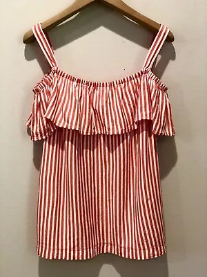 J Crew Top Womens Large L Ruffled Nautical Striped Classic Preppy Coastal Red • $24.99