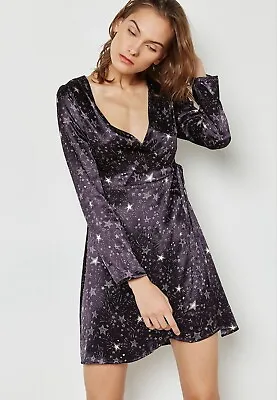 TOPSHOP Navy Blue /Purple Star Galaxy Print Wrap Dress UK8 • £9.79