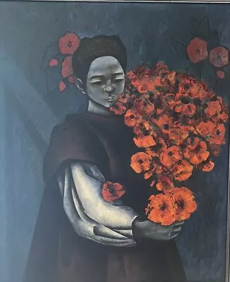 Oil Painting On Panel By Scott Asian Chinese Vietnamese Beauty With Flowers • $500