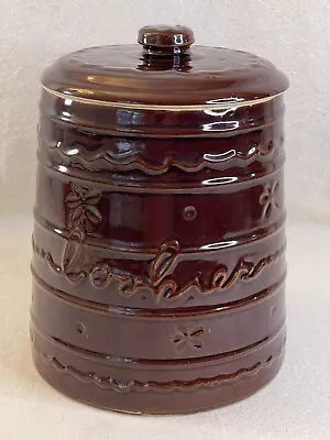 VTG 1950s MARCREST DAISY & DOT Brown Stoneware Cookie Jar W/ Lid Mint No Chips • $29