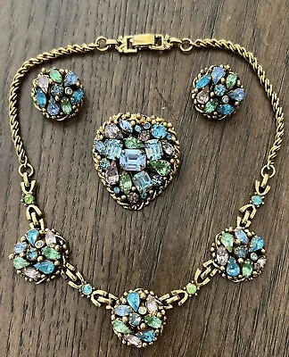 Barclay Vintage Gold Plated MultiColor Rhinestone Set Necklace Brooch Earrings • $275