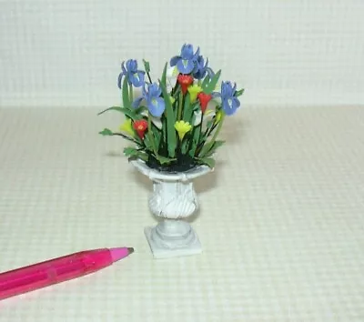 Miniature Fancy Flower Arrangement In Grey Resin Urn 2 7/8  Tall: DOLLHOUSE  • $20.98