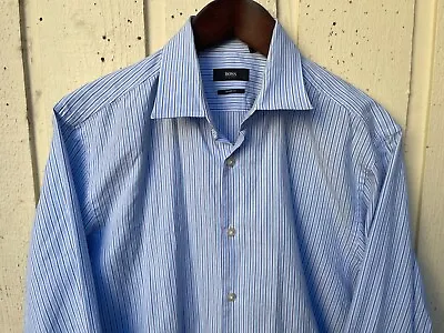Hugo Boss Sharp Fit Men's Dress Shirt Size 16 34-35. Blue And White Stripes • $11.99