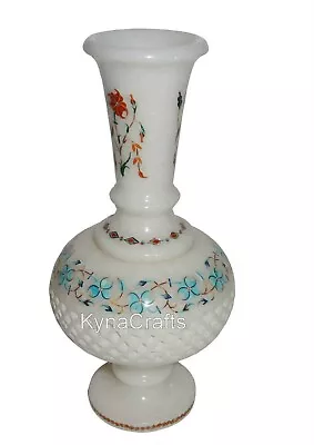 8 Inches Marble Flower Vase Semi Precious Gemstone Inlay Work Balcony Decor Pot • $243