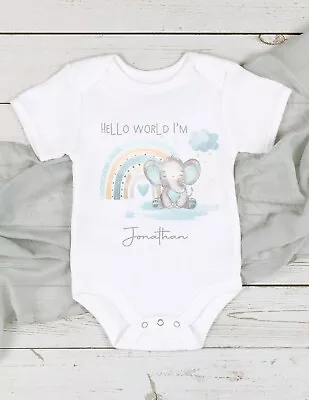 Personalised Hello World Blue Elephant Babygrow/Vest • £7.99