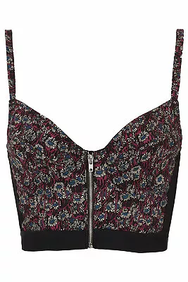 Topshop UK 6 Floral Daisy Print Zip Front Bralet Crop Corset Top Summer Party • £17.95