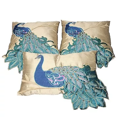 3 Peacock Accent Pillows Thro By Marlo Lorenz Embroidered Beads Sequins  • $89.99