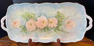 VINTAGE ANTIQUE Porcelain Ceramic Handled Vanity Tray Roses & Thorns E. CONNER • $44.95