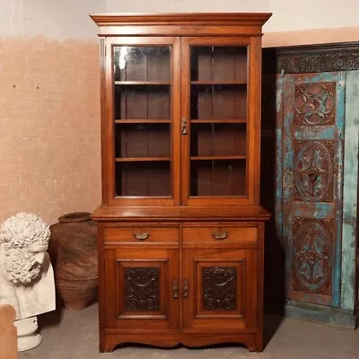 Antique Glazed Bookcase Edwardian Walnut Mahogany Display Cabinet • £850