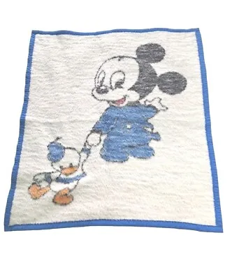 VTG 1984 Disney Blanket Baby Mickey Mouse Donald Duck Biederlack 30''x35'' • $24.99