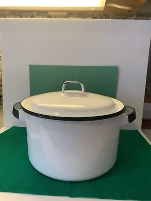 Vintage White And Black Enamelware Stock Pot W/lid 9 1/2x5 1/2 In • $18