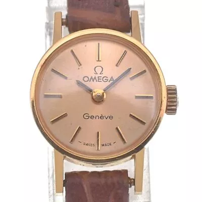 OMEGA Geneva Gold Plated / Leather Gold Dial Hand Winding Ladies Watch M#129211 • $296.02