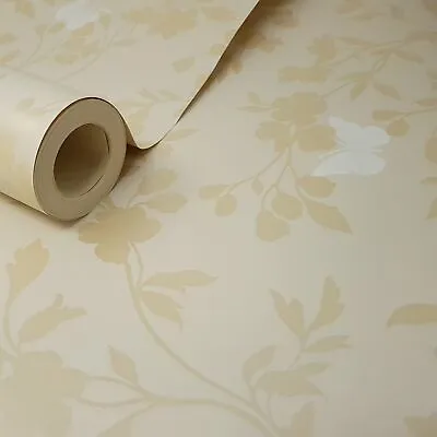 Fine Decor - Saskia Cream & Gold Mica Metallic Floral Butterfly Trail Wallpaper • £6.49