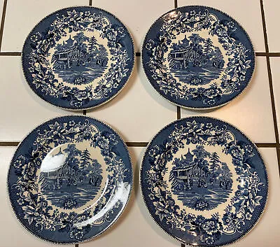 Vintage Lot Of 4 THOMAS HUGHES England AVON COTTAGE 10” BLUE Dinner Plates • $24.95