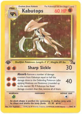 Pokemon Card - Fossil 9/62 - KABUTOPS (holo-foil) **1st Edition** - NM • $51.89