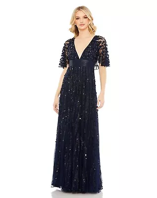 Mac Duggal Midnight Blue Embellished Plunge Neck Tulle Column Gown 18 $798 NWT • $358