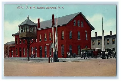 1912 O. & W. Station Depot Railroad Train Horse Carriage Norwich NY Postcard • $14.98