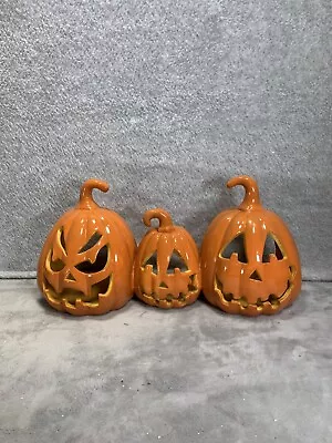 Vintage 3 Horizontal Ceramic Pumpkin Jack O Lantern Tea Light Holder • $49.98